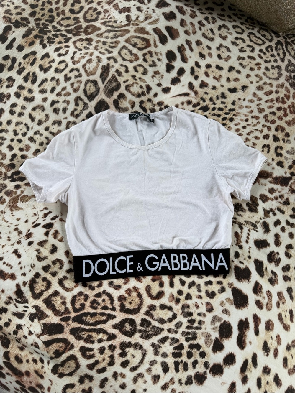 Dolce & Gabbana White Crop Top with Black Branded Elastic Hem